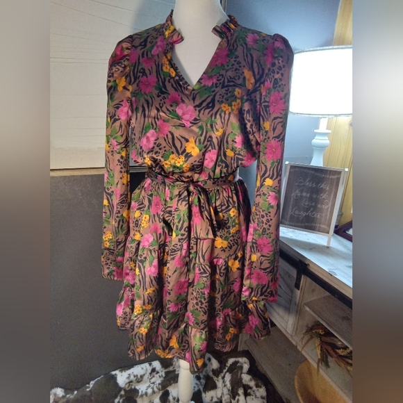 Avara Dresses & Skirts - AVARA Floral Animal-Print Midi Dress with Tie Waist - Pink & Yellow